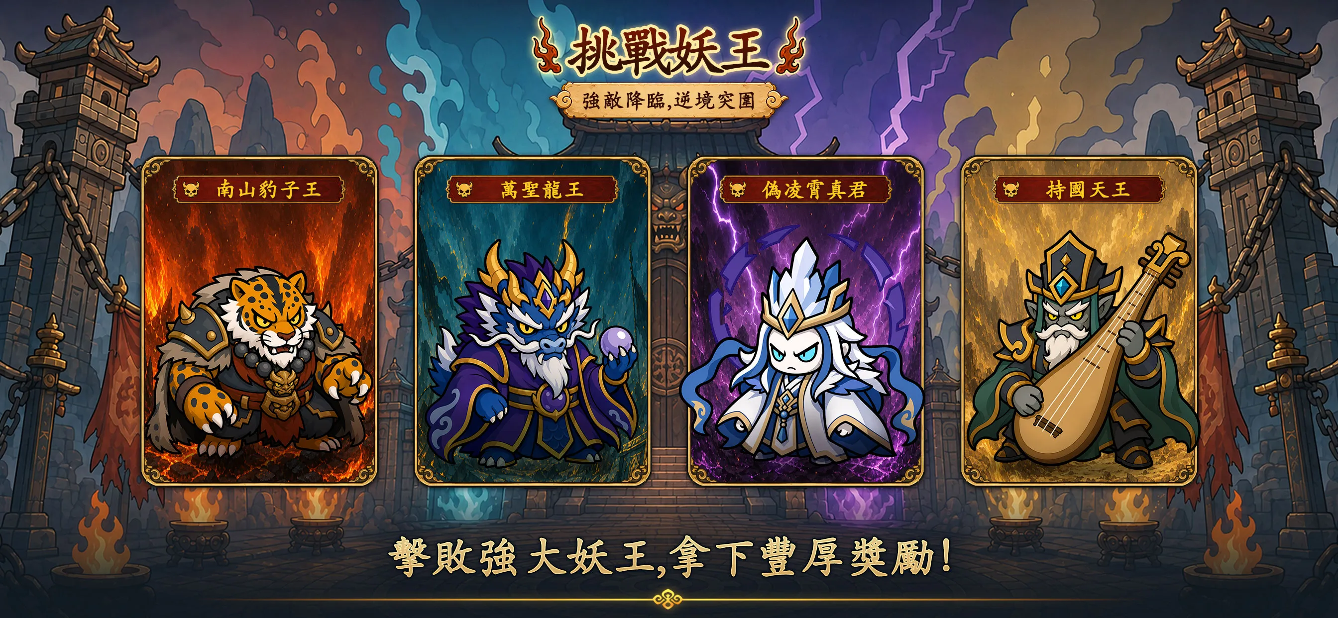 妖王畫面——四大妖王坐鎮，挑戰成功贏取豐厚獎勵