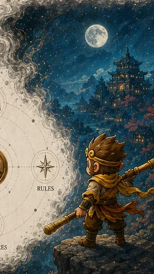 The Monkey King stands on a cliff at the edge of a night-blue world, framed like a tall window in the parchment.