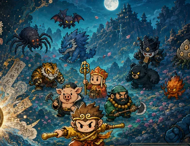 A living game world seen beyond the token: heroes and demons gather under a full moon in an ink-painted forest.